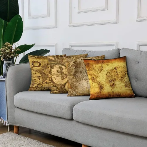 Miniatura 6 de ArtSocket Juego de 4 fundas de almohada vintage con mapa del viejo mundo, cartografía, descubrimiento de sepia antiguo, continentes políticos