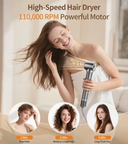 Miniatura 2 de Kit de cepillo de secador de pelo 9 en 1, potente secadora profesional de aire caliente de 1200 W con funda, rizador de aire automático de 110,000