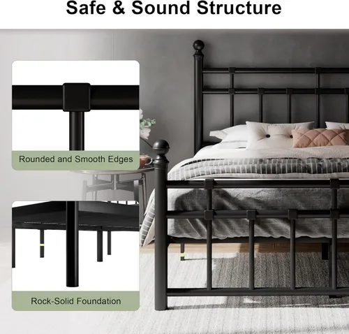 Miniatura 4 de Feonase Base de cama de plataforma de metal de tamaño matrimonial con cabecero y estribo clásico victoriano, listones resistentes, almacenamiento