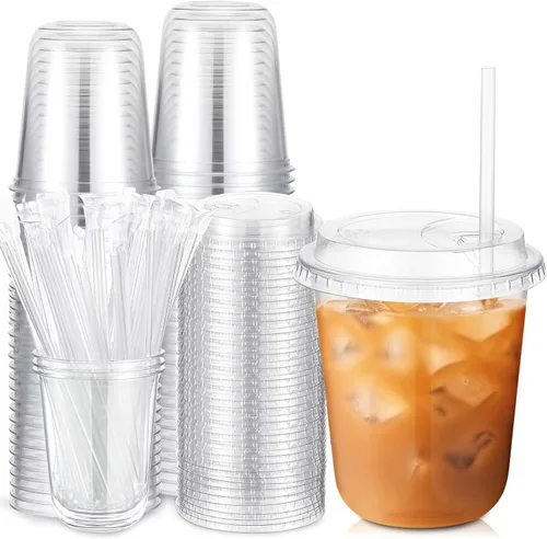 Ziliny 50 juegos de vasos de plástico transparente con tapas y pajitas, vasos desechables para café helado a granel PET para vino, cóctel, batido,