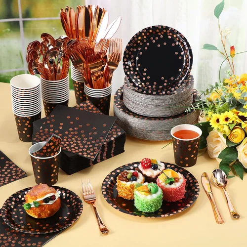 Miniatura 3 de 700 piezas de suministros de fiesta de color negro y oro rosa para 100 invitados, juegos de vajilla desechables, platos de papel de oro rosa negro