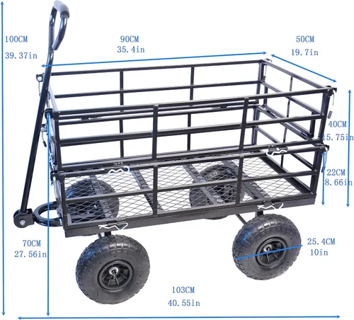Miniatura 3 de Carrito de jardín de acero con lados extraíbles, carrito de patio resistente de 550 libras con mango giratorio de 180° y neumáticos de 10 pulgadas