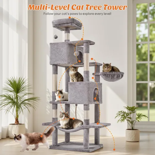 Miniatura 5 de Árbol grande para gatos de 66 pulgadas, torre de árbol para gatos de varios niveles con condominio, perchas, postes rascadores de sisal y hamaca