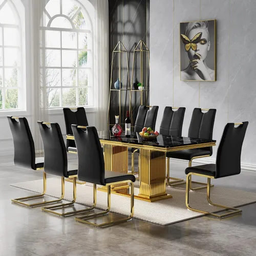 Miniatura 37 de 5 Piece Black Marble Dining Table Set for 4, Modern Faux Marble Kitchen Dining Room Tables with 4 Leather Chairs Set, 68.11" Luxury Rectangular