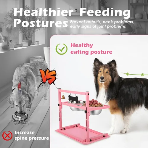Miniatura 4 de SHAINFUN Soporte elevado para cuenco de perro rosa con dos cuencos de comida de acero inoxidable de 1700ml, comedero de alimentación lenta y Rosa