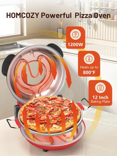 Miniatura 2 de Horno Eléctrico para Pizza de Interior con Piedra de Cerámica Esmaltada, Fabricador de Pizza Portátil de Mostrador de 12 Pulgadas con Temporizador