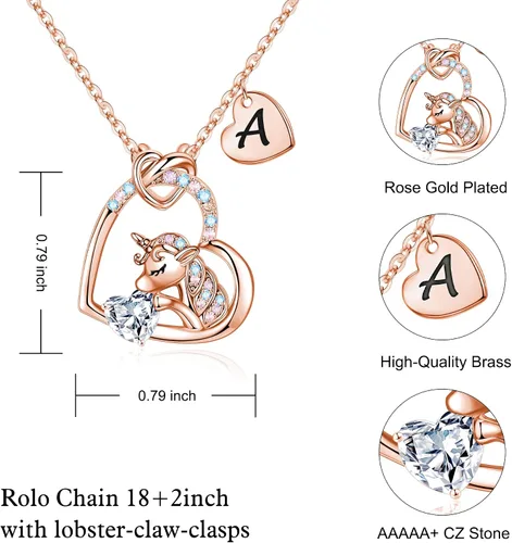Miniatura 5 de IEFRICH Regalos de unicornios para niñas, collares de unicornio con corazón de circonita cúbica para mujeres y niñas, collares con inicial, joyería