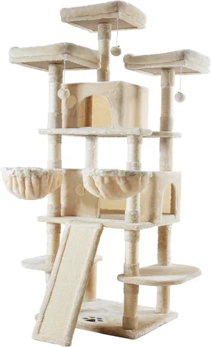 Miniatura 9 de IMUsee Árbol grande, torre de 68 pulgadas, con condominio, perchas acogedoras de felpa, postes rascadores de sisal y hamacas, centro de actividades