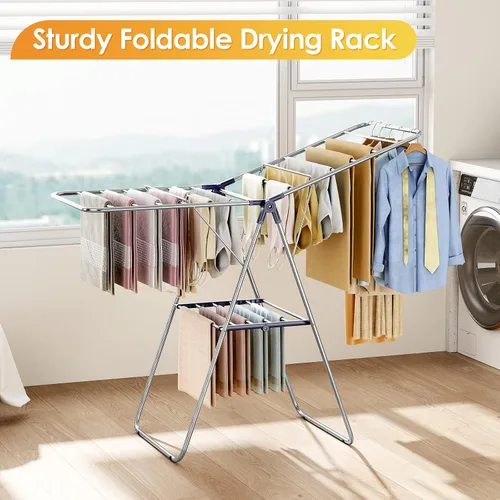Miniatura 6 de KINGBOARD Tendedero de secado de ropa, con altura ajustable, ala de gaviota plegable para un fácil almacenamiento, sin montaje, uso en interiores