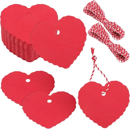 Anwyll 100 etiquetas de regalo de San Valentín – Etiquetas de regalo en forma de corazón con cuerda de corazón rojo para colgar, etiqueta de regalo