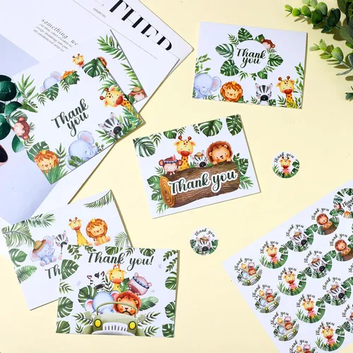 Miniatura 3 de Yeaqee 100 tarjetas de agradecimiento de la selva de safari con sobres, calcomanías de animales del bosque, tarjetas de felicitación de vegetación