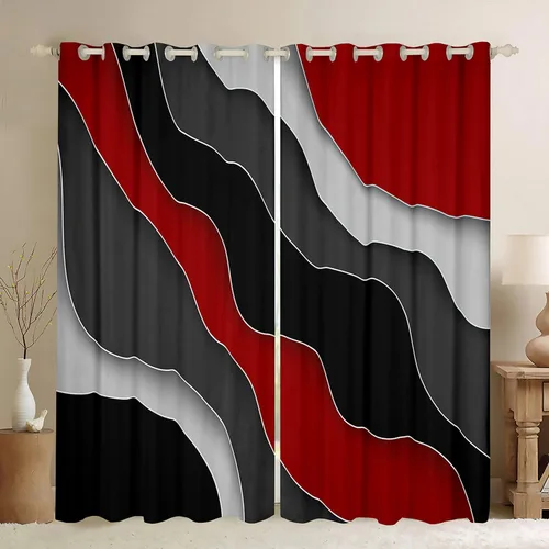 Miniatura 9 de Cortina de ventana de rayas rojas y negras, cortinas abstractas con ondas circulares, cortinas geométricas para tratamiento de ventanas para niños