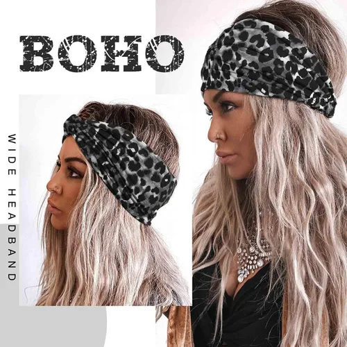 Miniatura 5 de Acenail Diademas anchas para mujer, turbante anudadas, elásticas antideslizantes, bohemias, para entrenamiento, leopardo, yoga, bufandas de algodón