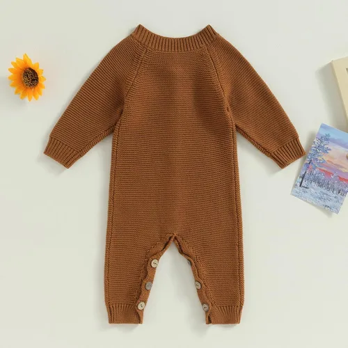 Miniatura 4 de Mameluco de punto de gran tamaño con cuello redondo y botones de manga larga para bebé niño y niña