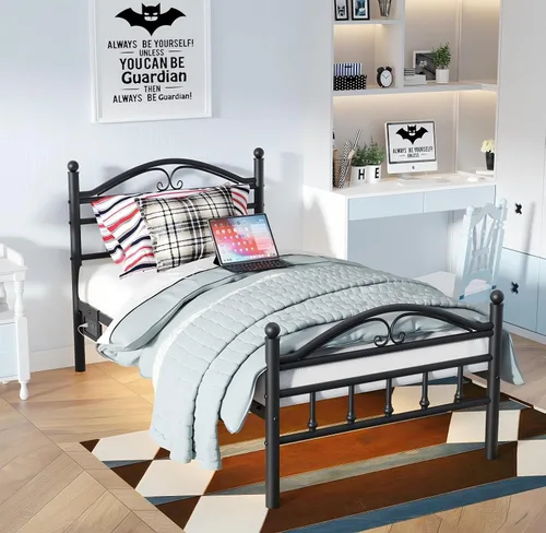 Miniatura 7 de Marcos de Cama Tamaño Twin con Estación de Carga, Marco de Cama de Plataforma de Metal Negro con Luces LED, Soporte de Listones de Acero Metal