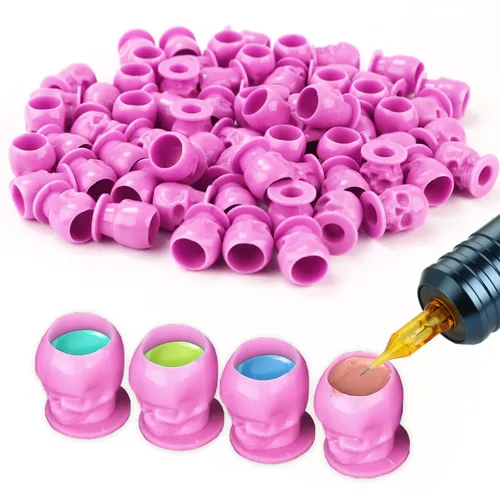 200 tapas de tinta desechables para tatuaje, vasos de tinta de tatuaje de calavera de plástico con base, vasos de tinta de pigmento de maquillaje