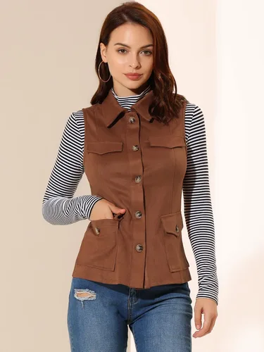 Miniatura 2 de Allegra K Chaleco de gamuza sintética para mujer chaqueta sin mangas con botones y bolsillo tipo cargo M