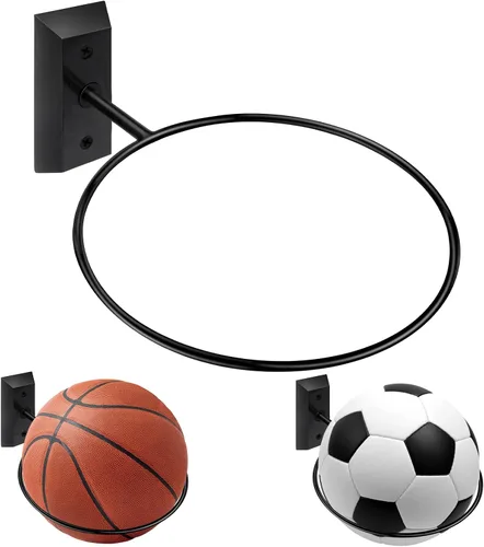 Soporte de pared para baloncesto VIVTOB, soporte de pared para pelota de 7 pulgadas con base de madera maciza de nogal negro y anillo de metal,