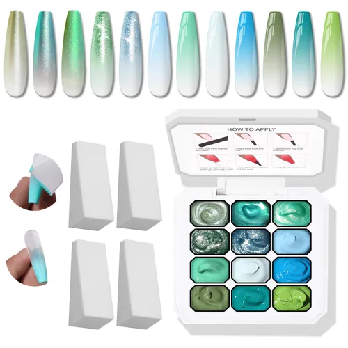 Miniatura 11 de Paleta de Esmalte de Uñas en Gel Sponge Pat, 12 Colores Mezcla Degradado Ombré Gel Polish Pintura Degradada Arte de Uñas, Sin Limpiar, Curado UV/LED