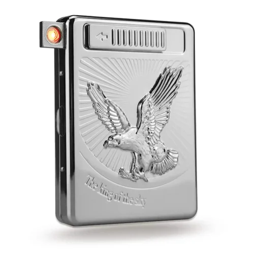 20 piezas de soporte de metal para cigarrillos con encendedor de arco de águila 3D - recargable eléctrico a prueba de viento USB sin llama (plata)