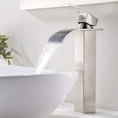 Grifo de lavabo alto de níquel cepillado con boquilla de cascada, grifo alto de baño de una sola manija, sobre mostrador, grifo de lavabo de tocador