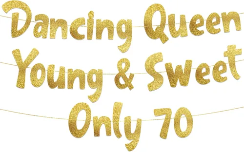 Cartel con purpurina dorada preencordada con la reina bailarina Young & Sweet Only 70 – Decoraciones de cumpleaños 70 para hombres y mujeres –