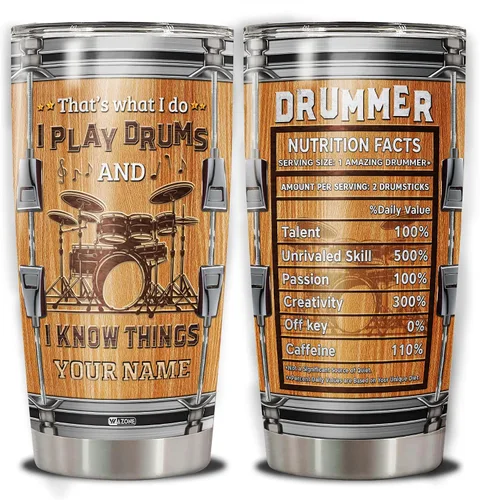 WAZONE Vaso de acero inoxidable personalizado con datos nutricionales de baterista, 20 onzas, 30 onzas, nombre personalizado, con texto "I Play