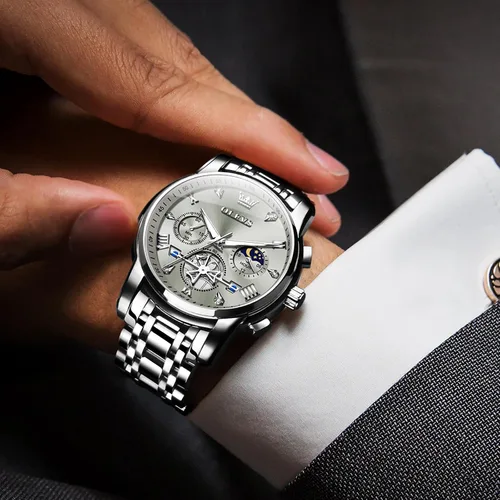 Miniatura 7 de OLEVS Relojes para hombre de acero inoxidable con cronógrafo, reloj de pulsera grande analógico de cuarzo, relojes de vestir impermeables de moda