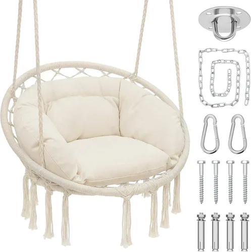 Magshion Silla hamaca colgante con acogedor cojín completo, silla columpio de macramé exterior con capacidad de 350 libras, muebles decorativos Beige