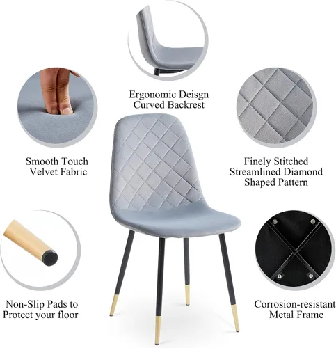 Miniatura 3 de NORDICANA Sillas de comedor de terciopelo, sillas laterales tapizadas de color sólido para la cocina, juego de 2 con patas de metal, gris
