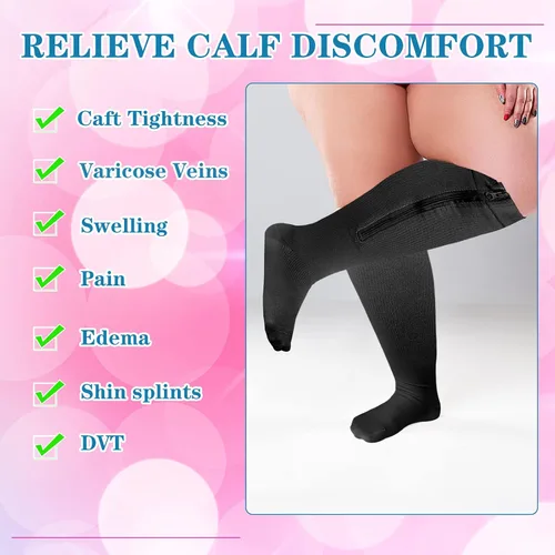 Miniatura 3 de Hillban 2 pares de calcetines de compresión anchos con cremallera de pantorrilla de talla grande de 15 a 25 Mmhg para mujeres y hombres con sobrepeso