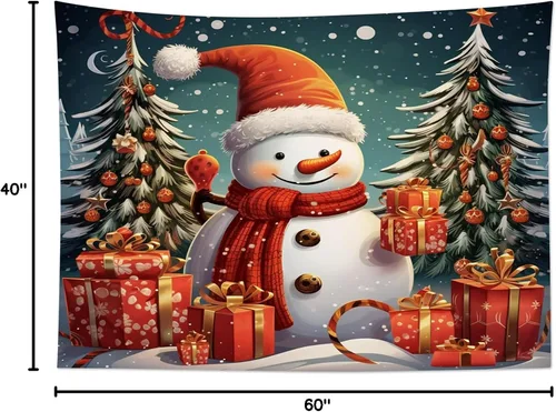 Miniatura 6 de HVEST Tapiz navideño de muñeco de nieve para colgar en la pared, divertido muñeco de nieve con sombrero rojo de Navidad y tapiz de regalo, tapiz