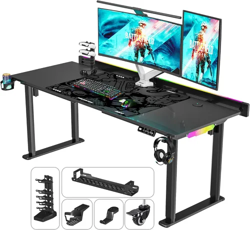 JWX - Escritorio de pie de 4 patas con motor doble, diseño de gestión de cables abatible con luz LED acrílica