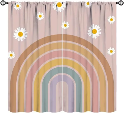 Miniatura 16 de Cortinas bohemias de arco iris, dibujos animados, citas motivacionales, impresiones abstractas coloridas, opacas, tratamiento de ventana para niños