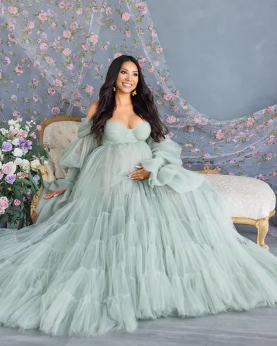 Miniatura 5 de Vestidos de maternidad de tul para sesión de fotos, batas de hombro descubierto, manga larga, lencería nupcial, vestido de baby shower, vestidos