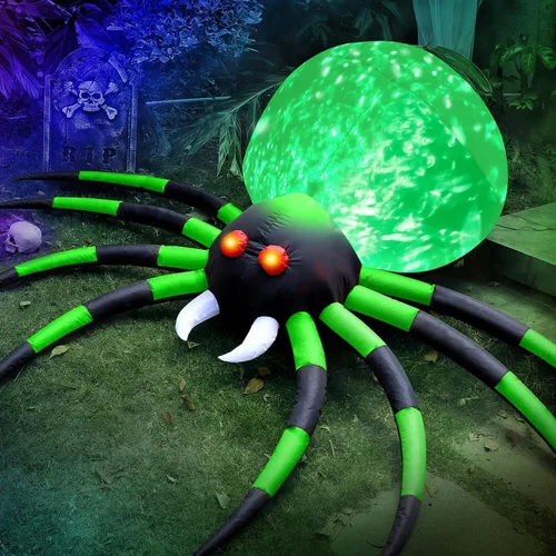 Araña inflable de Halloween de 8 pies para decoración al aire libre para patio, araña verde gigante con luz de llama de fuego giratoria, accesorios