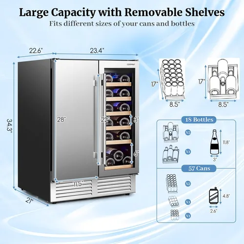 Miniatura 3 de COSTWAY Refrigerador de vino y bebidas, enfriador de bebidas de doble zona de 24 pulgadas con cerradura, puerta de acero inoxidable, refrigerador
