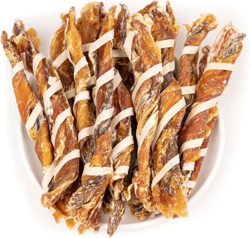 MON2SUN Golosinas para Perros, Palitos Retorcidos de Cecina de Triple Sabor, Palitos Masticables de Pollo, Pato y Bacalao de 5-7 Pulgadas para