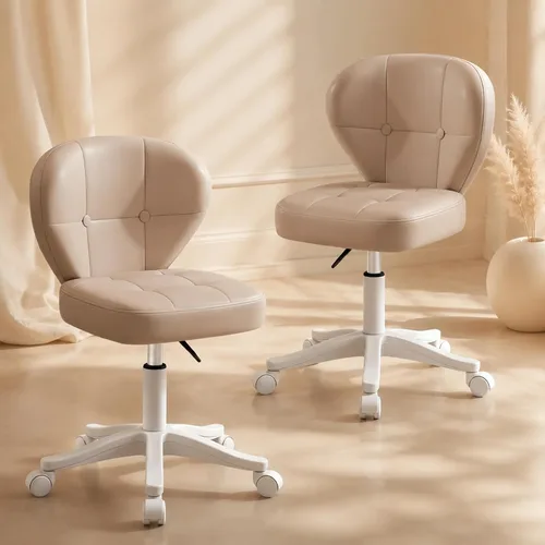Miniatura 8 de Silla pequeña de oficina con soporte lumbar, silla de escritorio sin brazos de cuero sintético giratoria con altura ajustable, silla compacta Rosa