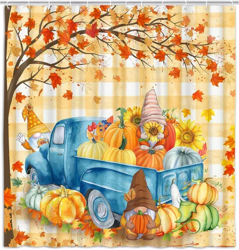 Miniatura 8 de Cortina de ducha a cuadros de búfalo naranja, decoración de otoño, lindos gnomos en camión verde azulado retro, cortina de ducha de calabaza