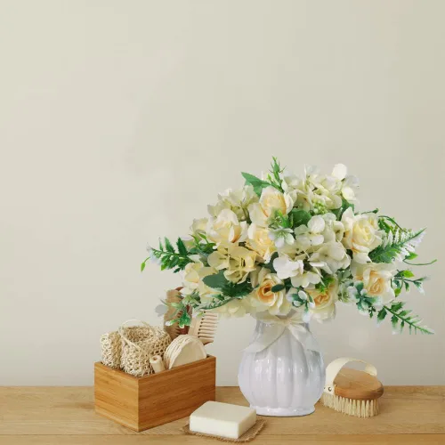 Miniatura 5 de LESING Ramos de flores artificiales de hortensias de seda con jarrón, flores falsas rústicas para decoración del hogar, centro de mesa (champán)