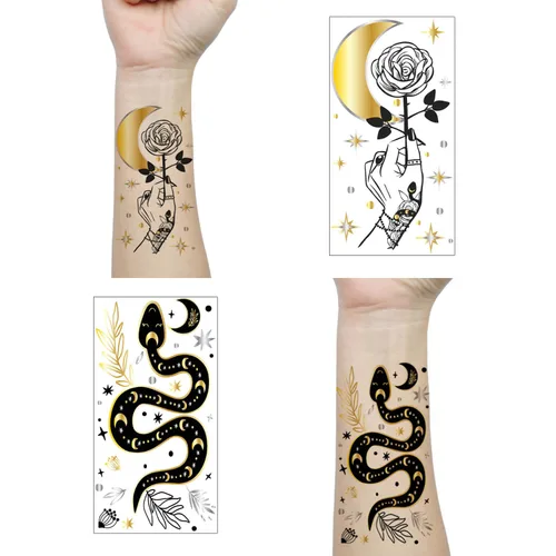 Miniatura 2 de 9 hojas de tatuajes temporales metálicos dorados, plateados, negros, calcomanías de tatuaje de cara para hombres y mujeres, diseño de dedos