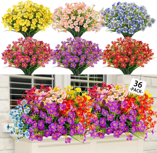 36 flores artificiales para exteriores, flores de seda sintética resistentes a los rayos UV, plantas falsas para interiores y exteriores, jardín,
