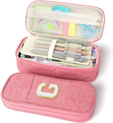 Miniatura 13 de Estuche de lápices de gran capacidad color rosa, lindo estuche de lápices con cremallera para niñas y mujeres, bolsa de lápices expandible