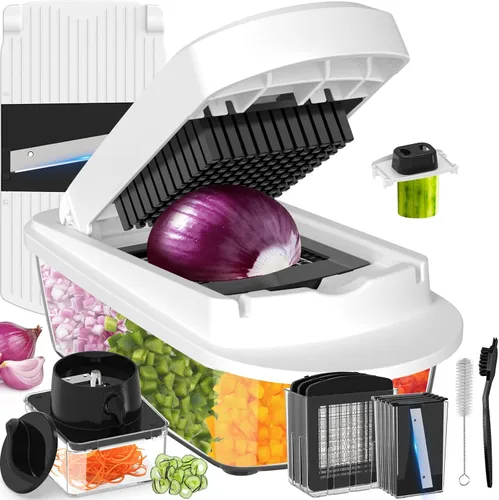 Cortador de Verduras Todo en 1 de 12 Cuchillas Mandolina con Contenedor, Espiralizador con Contenedores, Picador de Alimentos, Picador de Cebolla,
