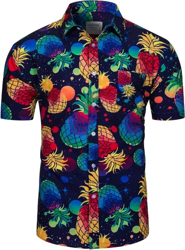Miniatura 3 de fohemr Mens Hawaiian Shirt and Short Beach Set Match Tropical PineappleFlamingo Pattern Outfits Short Sleeve Short 2 PC