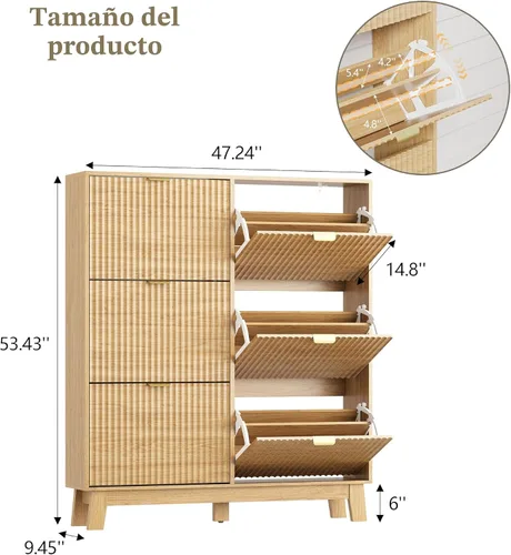 Miniatura 2 de HUANLEGO Zapatero de almacenamiento para entrada con 6 cajones abatibles, organizador de zapatos estrecho acanalado con patas de madera, zapatero