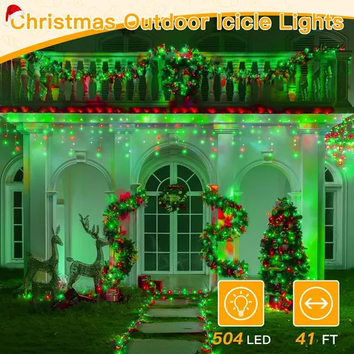 Miniatura 2 de Ollny Luces de carámbano de 504 LED/41 pies, rojas y verdes, con control remoto, 8 modos, temporizadores, impermeables, colgantes y conectables