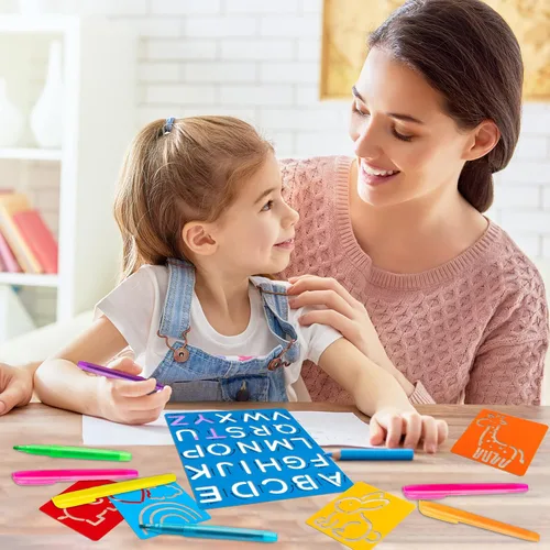 Miniatura 4 de Juego de 22 plantillas de trazado del alfabeto para niños, plantillas de dibujo con resaltador de color, letras y números y bonitos tableros