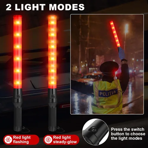 Miniatura 6 de Weewooday Paquete de 2 varitas de control de tráfico aéreo de seguridad de 21 pulgadas, varita de señal de tráfico LED, linterna de control de Rojo